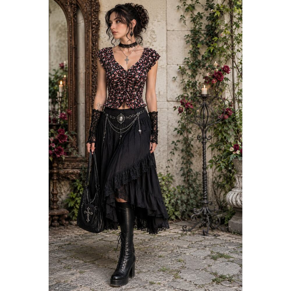 Moa Floral Ruched Mesh Top Womens Medium Whimsigoth Fairy Grunge Cottagecore Y2K